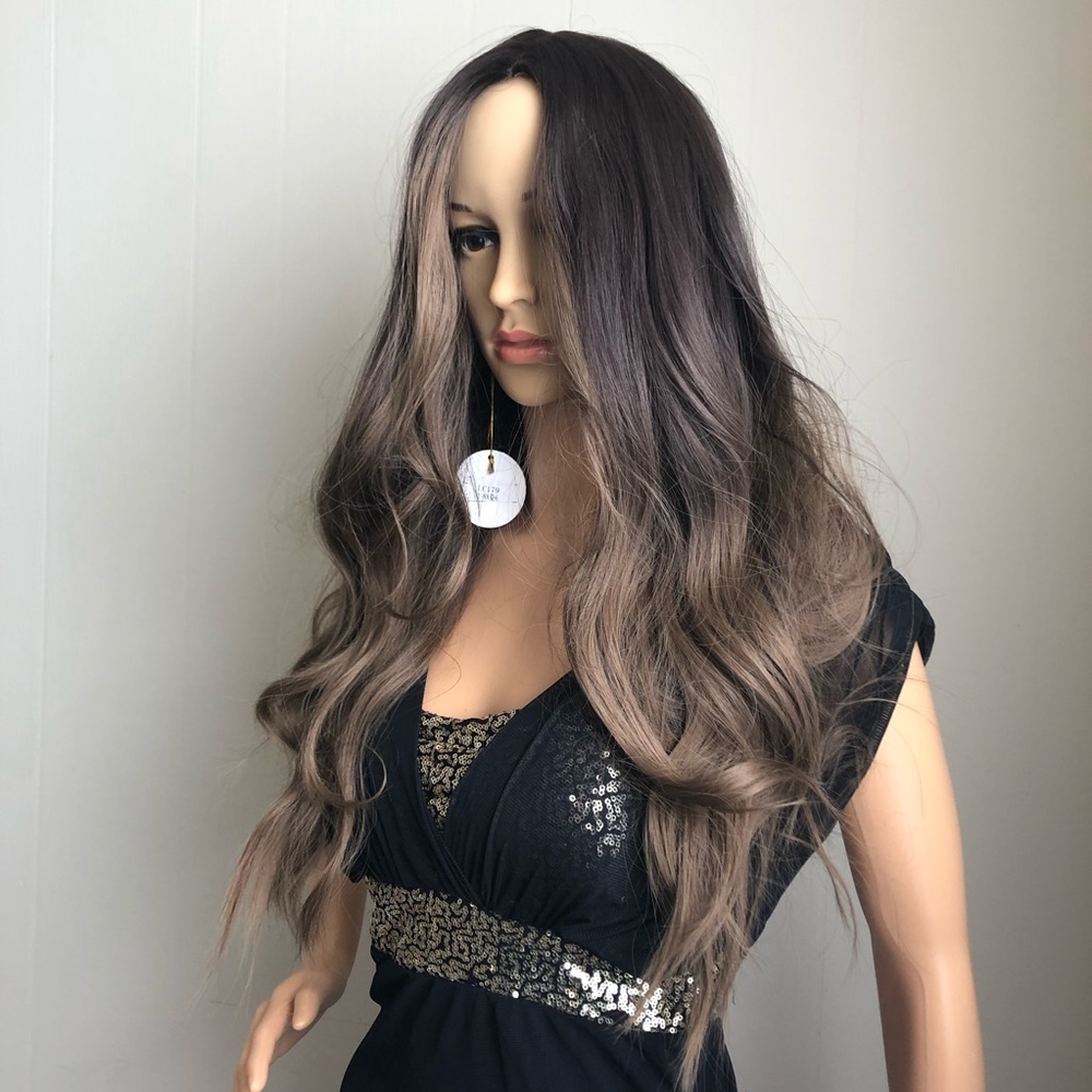 ash dark brown wig gradient ash light bronde highlights wavy 26” NWT